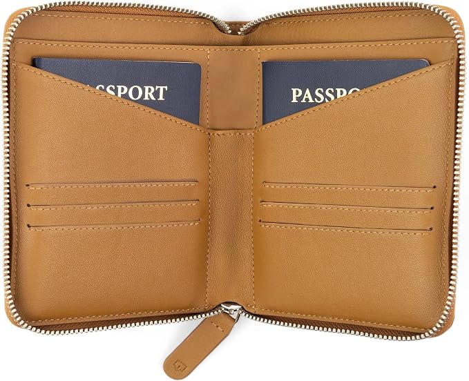 Full Grain Leather Passport Holder for 2 Passports - Dual Passport Holder and Travel Documents Organizer - RFID Travel Wallet for Couples - Camel by Travaci