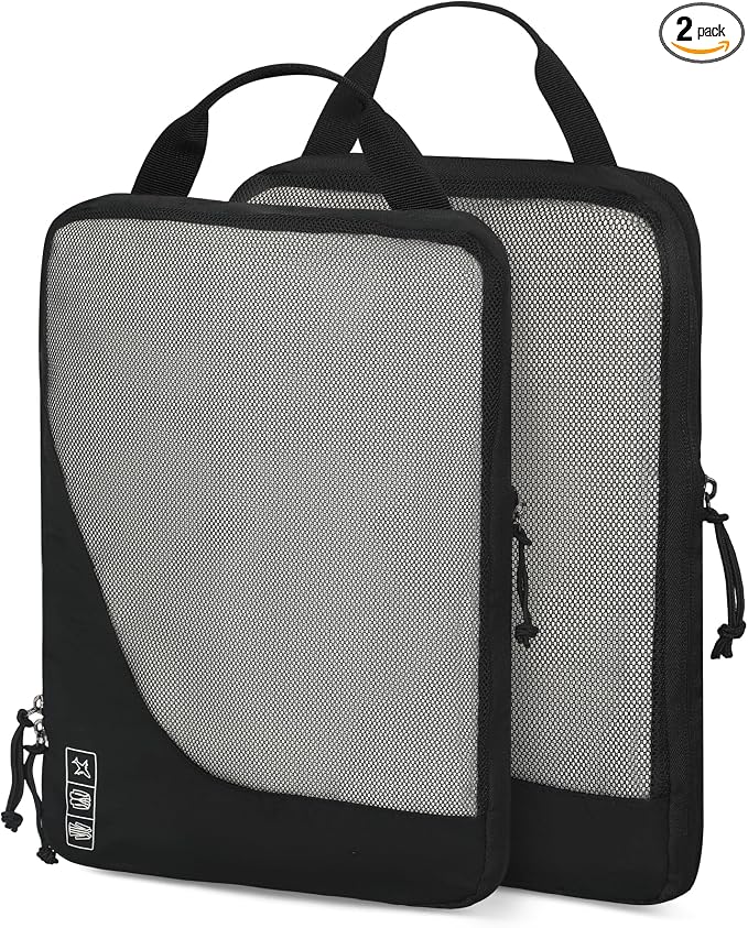 Hynes Eagle 6 Set/ 4 Set/ 2 Set Compression Packing Cubes Travel Essentials Lightweight Nylon Luggage Suitcase Organizer Bag Black 2PCS by HynesEagle