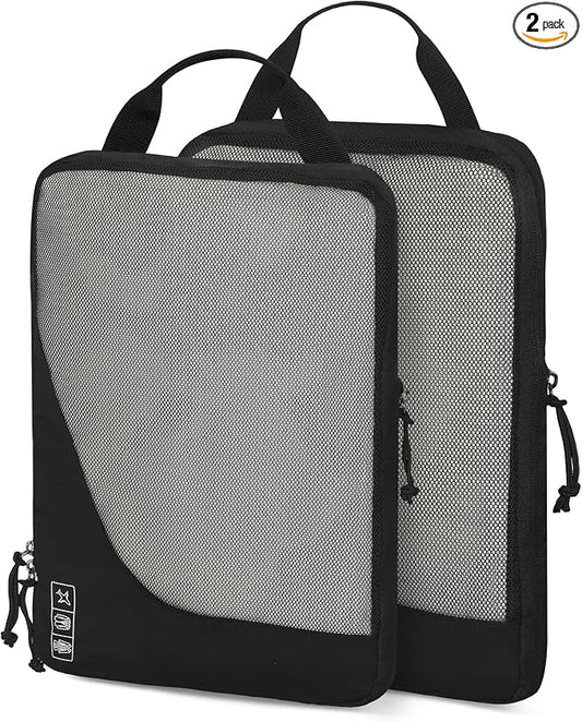 Hynes Eagle 6 Set/ 4 Set/ 2 Set Compression Packing Cubes Travel Essentials Lightweight Nylon Luggage Suitcase Organizer Bag Black 2PCS by HynesEagle