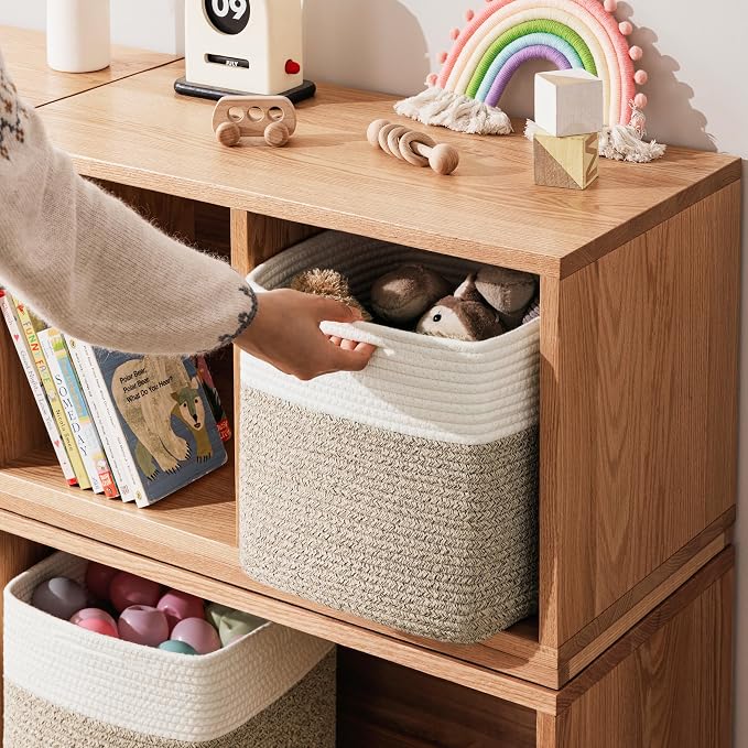 joybest 13x13x13 Inch Cube Storage Bins Set of 4, Cotton Rope Woven Organizer Basket for Shelves, Cube Bin Square Shelves Organizer Closet Storage, Nursery, Toy Organization, Brown&White - Image 5