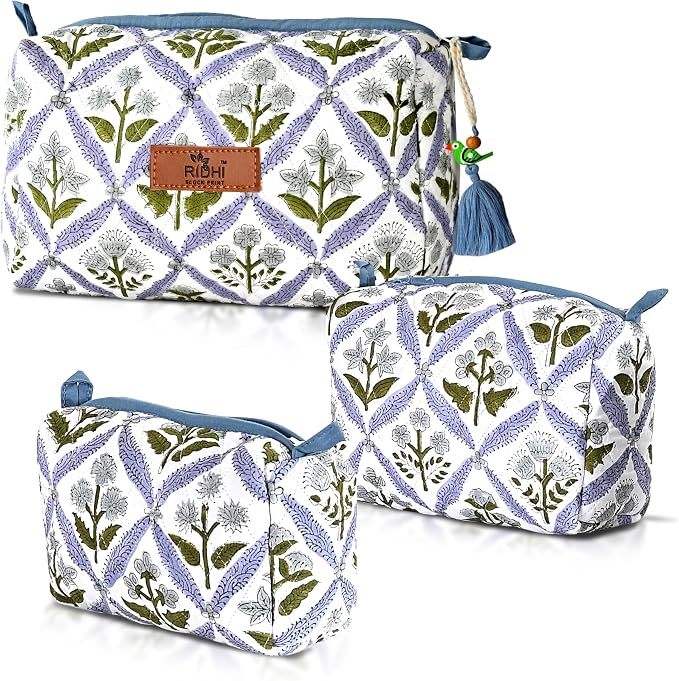 Ridhi Light Steel Blue Hand Block Printed Floral Toiletry Bag For Women 100% Cotton Quilted Set of 3 Waterproof Inner Lining, Cosmetic Jewelry Organizer, Travel Pouch, Essential Storage Purse Gifts by Ridhi