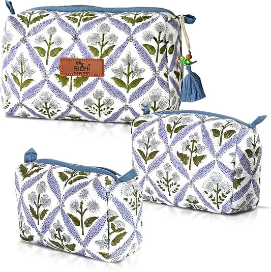 Ridhi Light Steel Blue Hand Block Printed Floral Toiletry Bag For Women 100% Cotton Quilted Set of 3 Waterproof Inner Lining, Cosmetic Jewelry Organizer, Travel Pouch, Essential Storage Purse Gifts by Ridhi