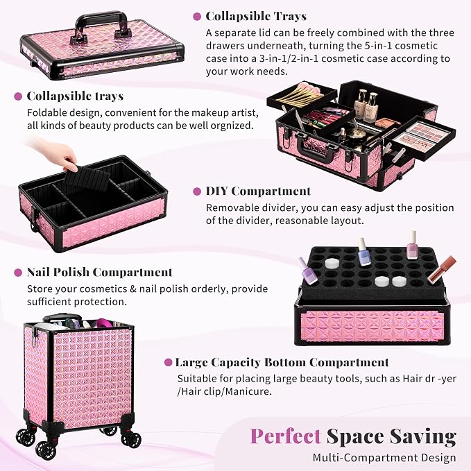 AROUS 5 in 1 Rolling Makeup Train Case with Lid Cosmetology Case on Wheels | Large Cosmetic Trolley Organizer with Keys Salon Barber Case Traveling Cart Trunk for Artist Hairstylists Nail Tech, Pink - Image 7