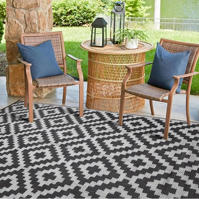 Outdoor Rugs, Outdoor Plastic Straw Rug, Reversible Waterproof Carpet for Camping, Poolside, Garden, BBQ Area, Gazebo Flooring, RV Park & Beach, Square Pattern, Black & Light Gray, 5'x8' - Image 3