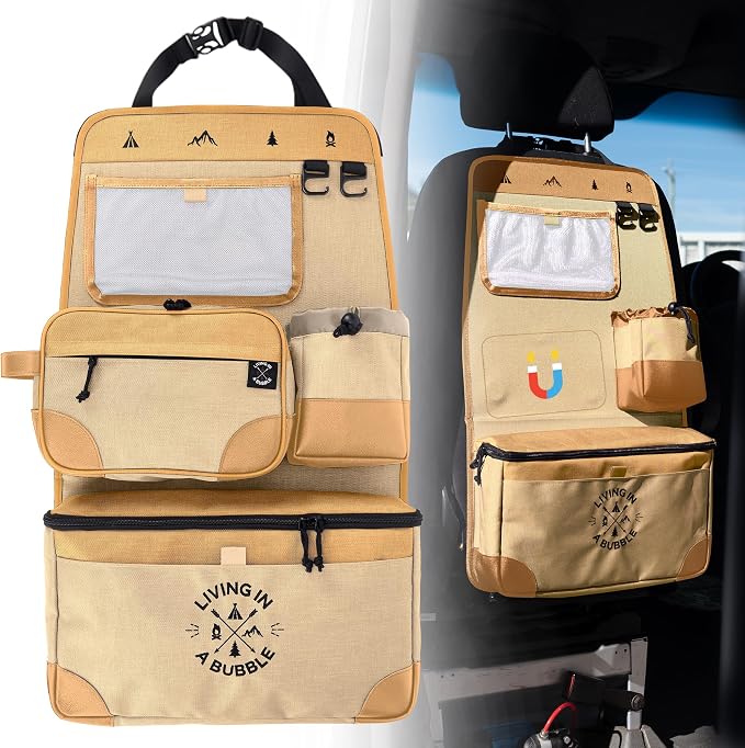 Living in a Bubble Seat back Organizer – Magnetic Toiletry and Cooler Pouch, Cordura Car Backseat Storage with Device Holder & Hooks, Multi-Compartment Utility Bag for Campervans & Family Travel by LivinginaBubble