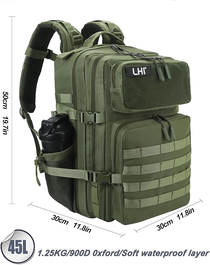 LHI Military Tactical Backpack for Men and Women 45L Army 3 Days Assault Pack Bag Large Rucksack with Molle System - Green - Image 3
