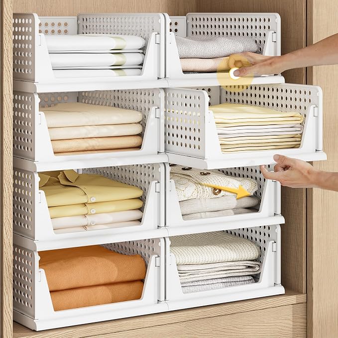 Pinkpum 5 Pack Stackable Plastic Storage Closet Organizers and Storage Bins Drawer Shelf Storage Container for Wardrobe Cupboard Kitchen Bathroom Office White by Pinkpum