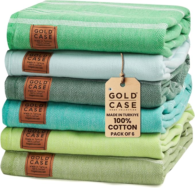 Gold CASE LYCIA Turkish Beach Towel Set of 6 – 100% Cotton Turkish Beach Towels Bulk 70 x 38'' – LYCIA Oversized, Quick Dry & Sand Free Beach Towel – Lightweight Towels Set in Tones of Green by GoldCaseHomeCollection