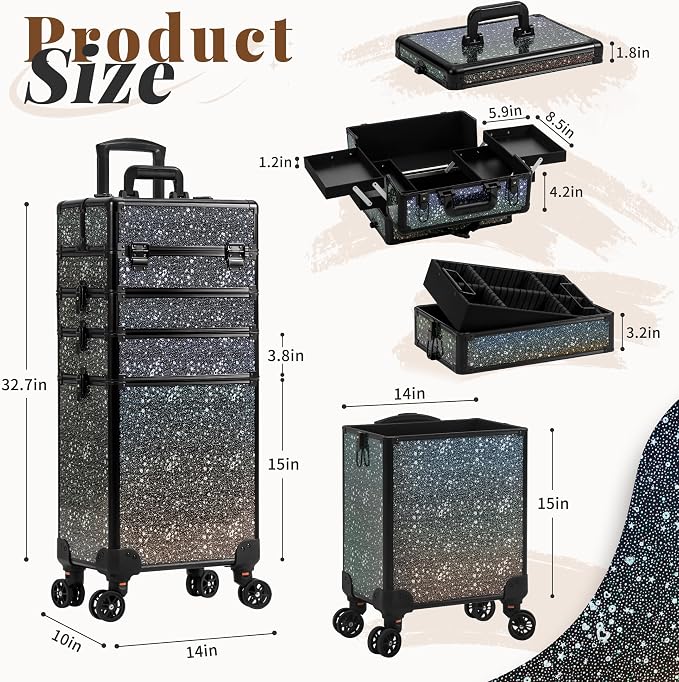 AROUS Rolling Makeup Train Case 5 in 1 Cosmetology Case on Wheels Large Cosmetic Organizer Travel Cart for Hairstylist Artist Nail Beauty Salon Barber,Black - Image 3