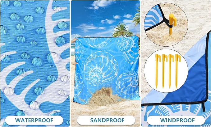 HIHOHO Beach Blanket Waterproof Sandproof Beach Mat 79”x 83” for 1-8 Adults Quick Drying Durable Outdoor Picnic Mat for Beach Festival Travel Camping Hiking (Conch Shell-BL, 79"×83"(4 Person)) - Image 4