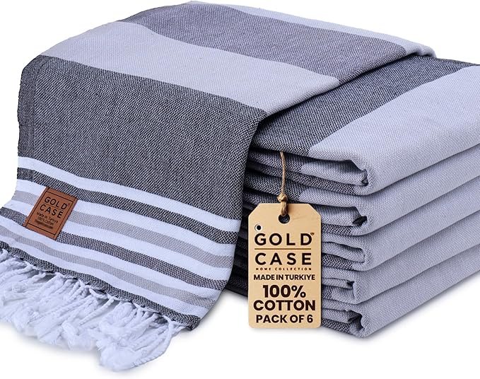Gold CASE Turkish Beach Towel Set of 6 – 100% Cotton Large Turkish Bath Towels 70 x 38'' – OLYMPOS Oversized, Quick Dry & Sand Free Beach Towel – Lightweight Towels Set - Black by GoldCaseHomeCollection