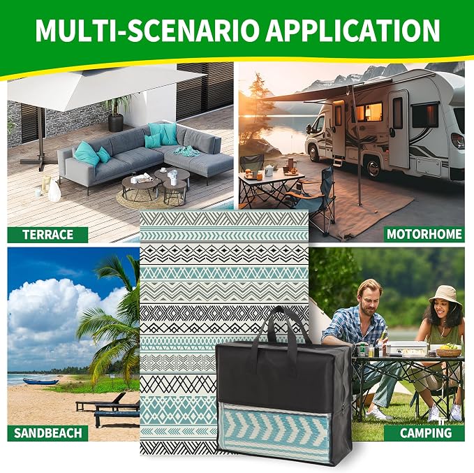 Outdoor Rugs, Outdoor Plastic Straw Rug, Reversible Waterproof Carpet for Camping, Poolside, Garden, BBQ Area, Gazebo Flooring, RV Park & Beach, Bohemian Style, 9x12 - Image 6