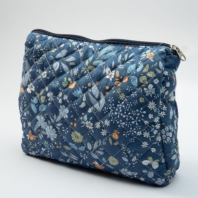 Whispering Flowers Quilted Cotton Cosmetic Zipper Pouch, Large Capacity Makeup Accessories Storage Bag for Women Girls, Aesthetic Coquette Travel Toiletry Organizer (Set of 3) - Image 4