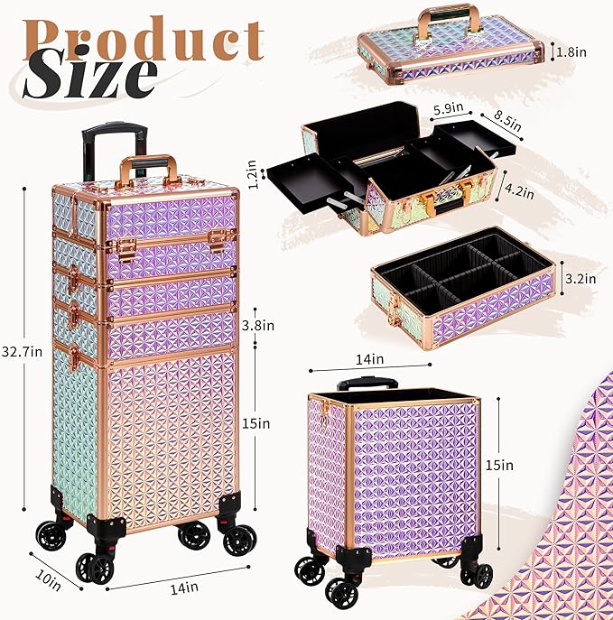 AROUS 5 in 1 Rolling Makeup Train Case with Lid Cosmetology Case on Wheels | Large Cosmetic Trolley Organizer with Keys Salon Barber Case Traveling Cart Trunk for Artist Hairstylists Nail Tech, Colorful - Image 3