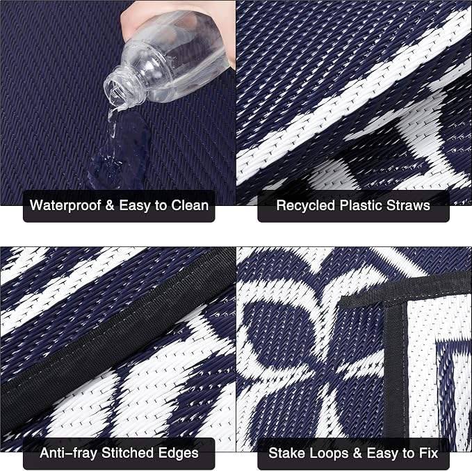 PureCozy Outdoor Plastic Straw Rug Navy Blue Large Outside Waterproof Outdoor Patio 9x12 Carpet Geometric Reversible Mat Modern for Camping RV Porch Deck Balcony Beach - Image 7