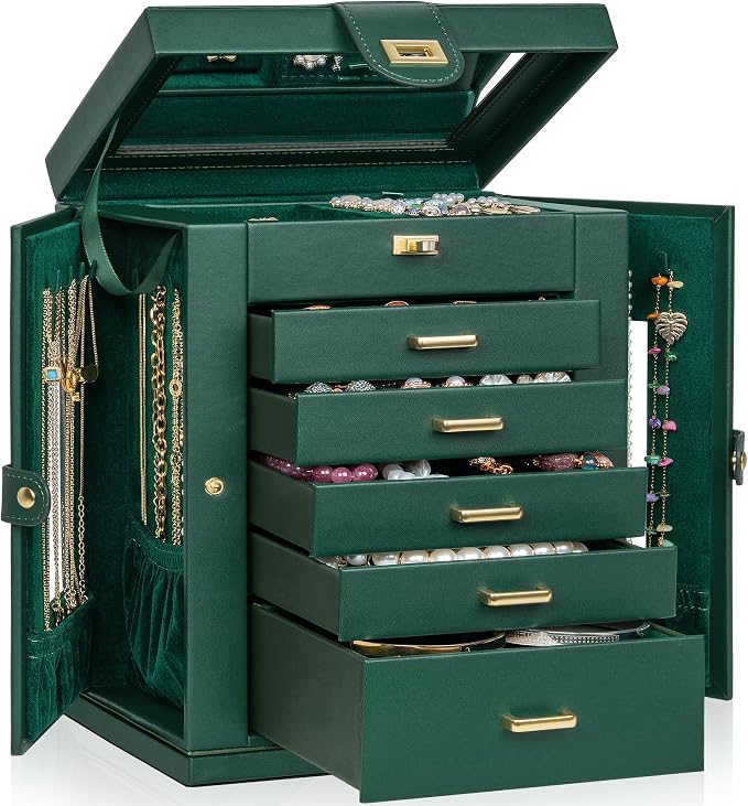 AKOZLIN 6-Tier Jewelry Box Organizer Functional 5 Drawers Leather Jewelry Storage Case for Women Girls Ring Necklace Earring Bracelet Holder Organizer with Mirror Green 360° Rotating by AKOZLIN