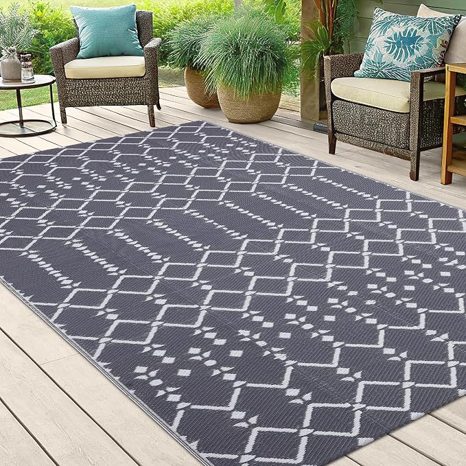 Smiry Outdoor Rug 5x8 ft, Waterproof Reversible Plastic Straw Rugs, Boho Outdoor Area Rug, Outside Floor Mat for Patio, Backyard, Deck, Picnic, Beach, Camping, Grey - Image 6