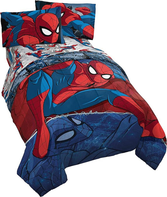 Marvel Spiderman Twin Comforter Set 4 Piece Kids Bedding for Boys, Multi | Bed in a Bag, Comforter Sheets Pillowcase, Official Product, Soft Microfiber, Machine Washable, Easy Care, Boys Gift by JayFranco