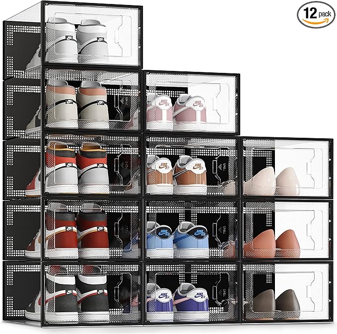 SEE SRPING XX-Large Shoe Storage Box Fit Size 14, Clear Plastic Stackable Shoe Organizer for Closet, Shoe Rack Sneaker Containers Bins Holders, Drawer Organize Unit, 12 Pack Black by SEESPRING