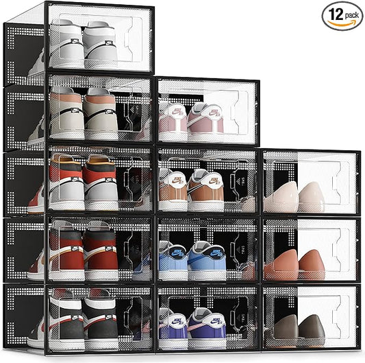 SEE SRPING XX-Large Shoe Storage Box Fit Size 14, Clear Plastic Stackable Shoe Organizer for Closet, Shoe Rack Sneaker Containers Bins Holders, Drawer Organize Unit, 12 Pack Black by SEESPRING
