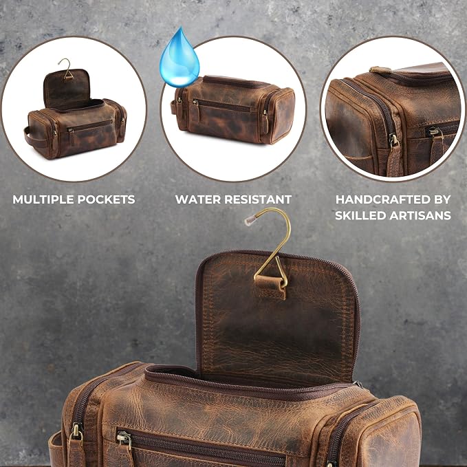 NomadCraftsCo. Medium Sized Hanging Leather Toiletry Bag for Men Women - Premium Men's Travel Bag, Dopp Kit, Leather Pouch, Mens Toiletry Bag for Travel - Image 6