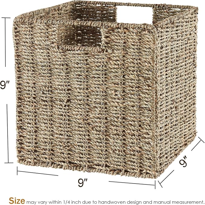 Vagusicc Wicker Storage Basket, Set of 2 Seagrass Storage Baskets, Foldable Wicker Basket 9 Inch Square Cube Storage Bins Storage Baskets for Organizing Shelf Baskets, 9''x9''x9'' - Image 3