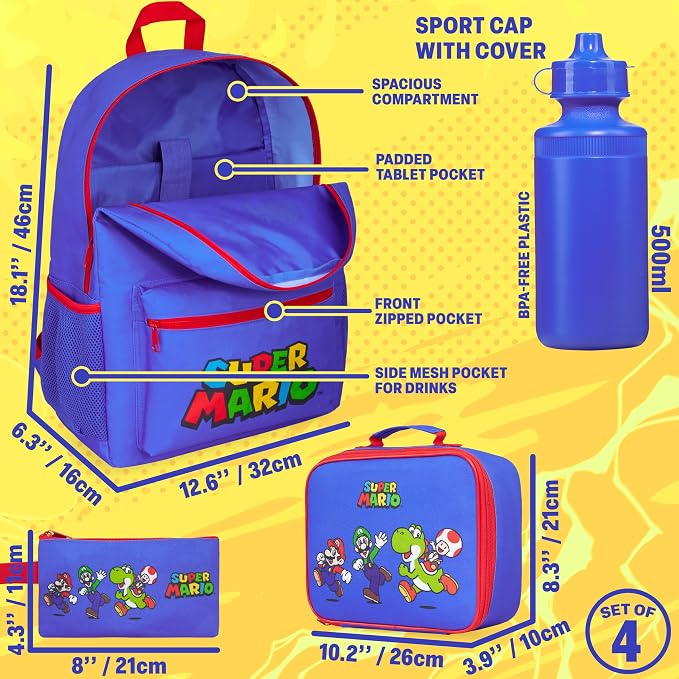 Get Trend Super Mario Boys Backpack 4 Piece Set | 18 In Bookbag with Insulated Lunch Bag, Pencil Case & BPA-Free Water Bottle, Adjustable Padded Straps, Gamer Gifts for Boys - Image 3