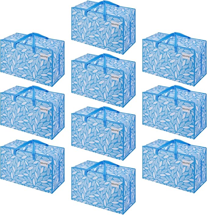 VENO 10 Pack Extra Large Heavy Duty Moving Bags with Wide Opening & Reinforced Handles, Reusable Storage Tote Bags with Strong Zippers for Clothes, College Dorm Essentials & Moving Supplies by Veno