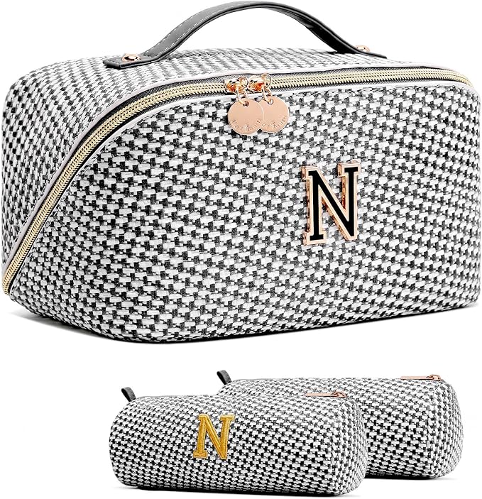 Personalized Gift Travel Makeup Bag: Initial Makeup Organizer Bag for Women | 3-in-1 Custom Make up Bag Set - Vegan Leather Travel Cosmetic Bag - Luxury Gift for Women – Birthday, Anniversary, Graduation by Unknown