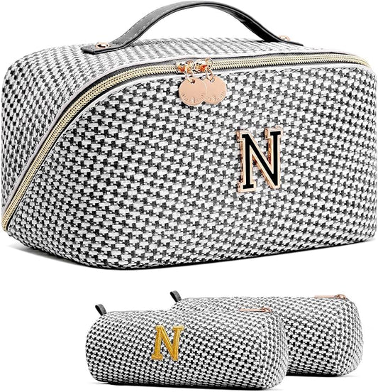 Personalized Gift Travel Makeup Bag: Initial Makeup Organizer Bag for Women | 3-in-1 Custom Make up Bag Set - Vegan Leather Travel Cosmetic Bag - Luxury Gift for Women – Birthday, Anniversary, Graduation by Unknown
