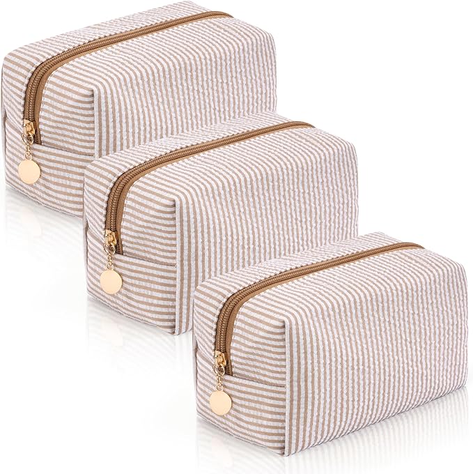 3PCS Makeup Bag Travel Toiletry Bag for Women, Small Cosmetic Bags Cute Brown Stripe Aesthetic Organizer Makeup Pouch for Purse Emergency Bag Pencil Case Accessory Bag by Unknown