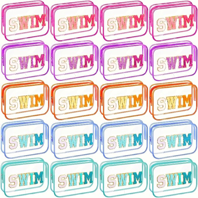 Kacctyen 20 Pcs Clear Swim Bags Chenille Letter Patch Makeup Pouch Beach Pool Toiletry Bags Waterproof PVC Preppy Cosmetic Purse Organizer with Zipper for Travel Women Girl Swimmer Essential Team Gift by Kacctyen