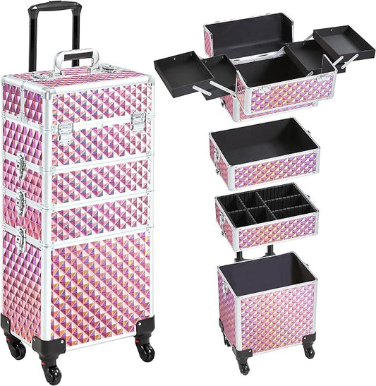 Yaheetech 4 in 1 Rolling Makeup Train Case, Glitter Pink Cosmetology Cart | Extra large diamond-finish aluminum train case with a lock, detachable tiers, and accordion trays keeping makeup organized by Yaheetech