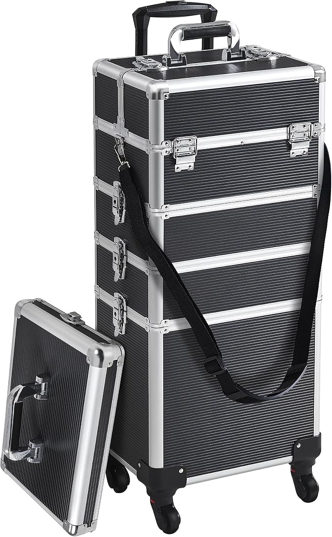 Yaheetech 5 in 1 Rolling Makeup Train Case, Lockable Black Cosmetology Cart | Extra large aluminum-trimmed nail storage cart with detachable tiers, a lipstick organizer, shoulder strap and smooth wheels by Yaheetech