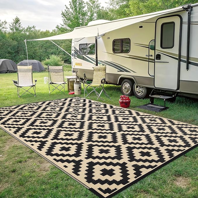 Smiry Waterproof Outdoor Rug 8x10 ft, Reversible Plastic Straw Patio Camping Rugs, Outdoor Indoor RV Mat Carpet for Patio, Outside Entry, Backyard, Deck, Bench, Picnic, Camper, Black & Beige - Image 7