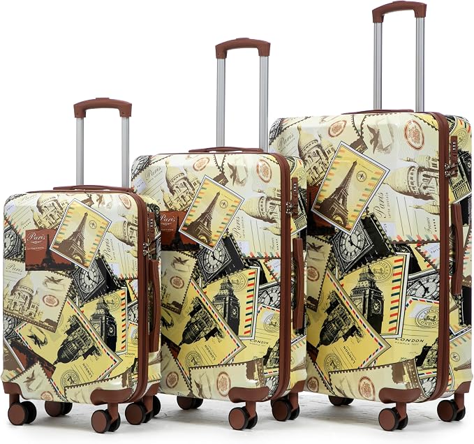 GDFStudio 20/24/28 Inch 3 Piece Hardshell Luggage Set with 360°Spinner Wheels,Lightweight & Waterproof,Polycarbonate Carry On Suitcase with Combination Lock,Retractable Handle,City Stamp Pattern by GDFStudio