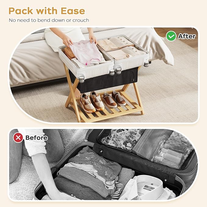 Full Assembled 26.77"L Luggage Rack for Guest Room, Set of 2 Foldable Suitcase Stand with 5 Nylon Straps & Cloth Bag, Luggage Stand Holder with Shoe Shelf for Suitcases Hotel (Natural Wood Bamboo) - Image 4
