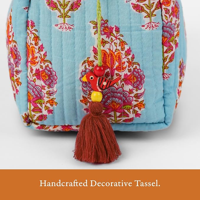 Saffron Marigold Quilted Makeup Bag Set of 3, Hand Block Printed Cotton Cosmetic Bags for Women, Waterproof Lined Travel Toiletry Bag, Coquette Aesthetic, Handmade Gift, Kashmir - Image 3