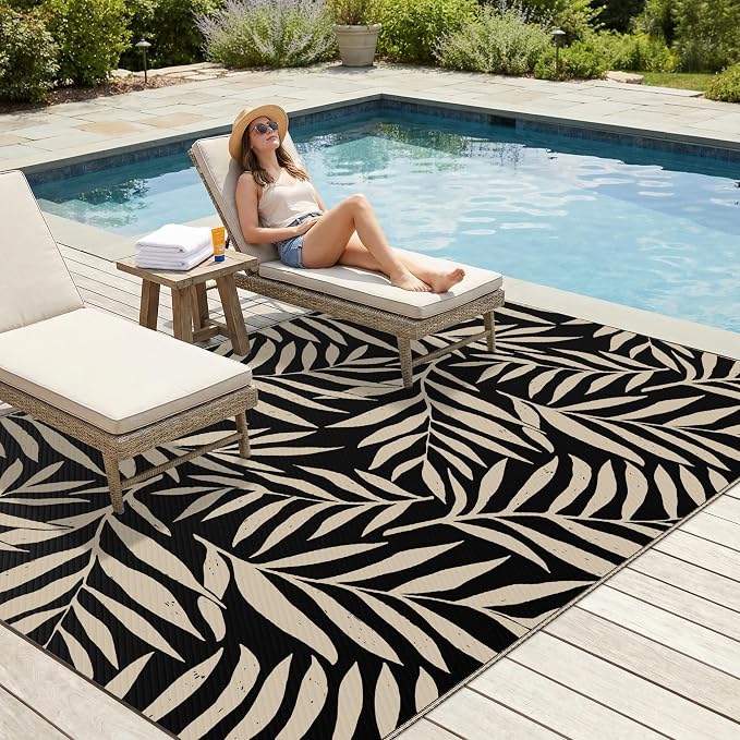 Smiry Outdoor Rug 5x8 ft, Waterproof Reversible Plastic Straw Rugs, Outdoor Area Rug with Leaf Pattern, Outside Floor Mat for Patio, Backyard, Deck, Picnic, Beach, Camping, Black & Beige - Image 3