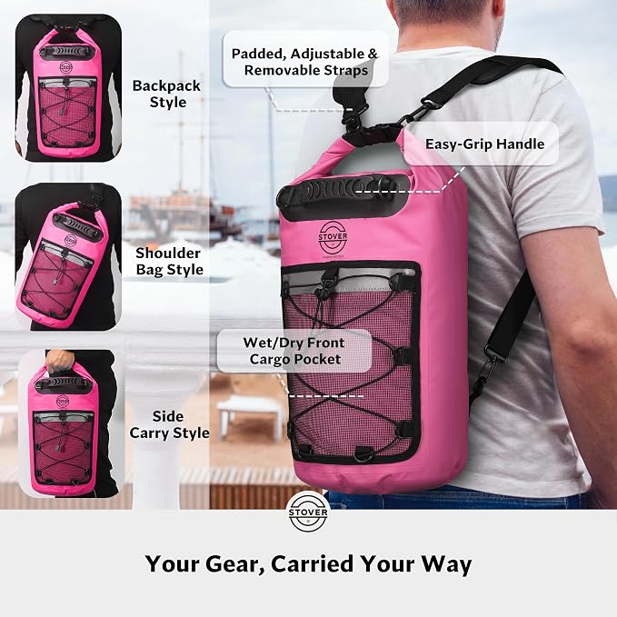 STOVER 5/10/25/30/40L Waterproof Dry Backpack & Phone Case- Large Floating Dry Bag for Kayaking, Travel, Hiking, Fishing, Camping, Motorcycles & Beach, Heavy-Duty Roll Top Men/Women (Pink) - Image 3