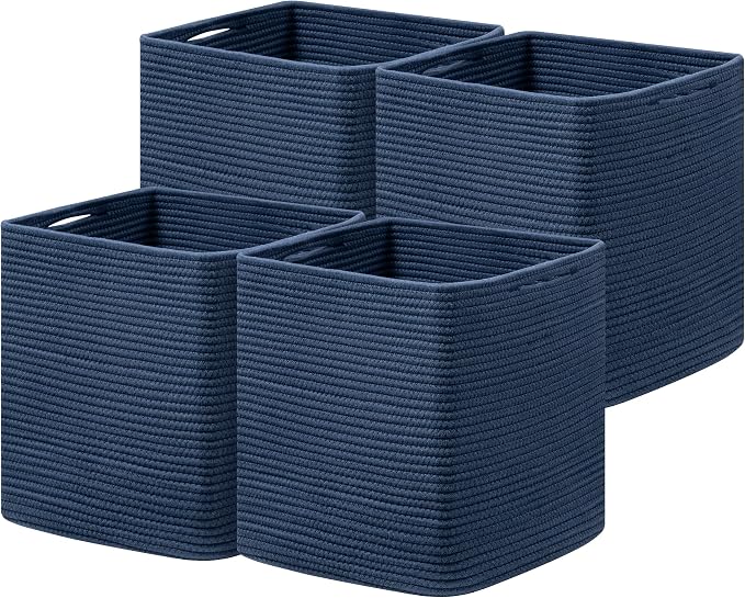 joybest 13x13x13 Inch Cube Storage Bins Set of 4, Cotton Rope Woven Organizer Basket for Shelves, Cube Bin Square Shelves Organizer Closet Storage, Nursery, Toy Organization, Navy Blue by joybest