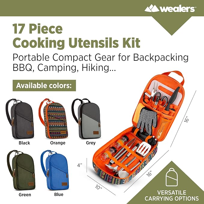 Wealers Camp Kitchen Cooking Utensil Set Travel Organizer Grill Accessories Portable Compact Gear for Backpacking BBQ Camping Hiking Travel Cookware Kit Water Resistant Case - Image 7