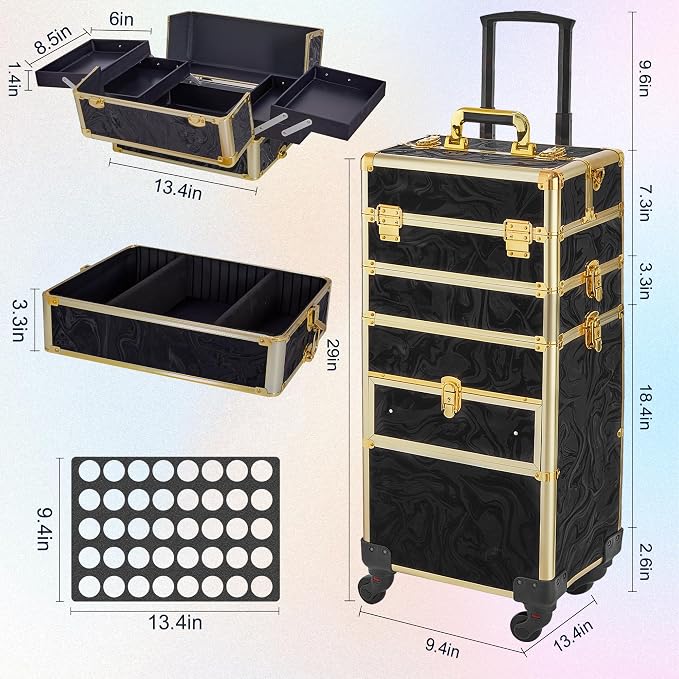 Somduy Rolling Makeup Case with Drawer, Makeup Train Case, 4 in 1Cosmetology Case on Wheels, Christmas Gift, Large Makeup Organizers, Profesional Cosmetic Case for Salon Barber, Pattern Black Gold - Image 2