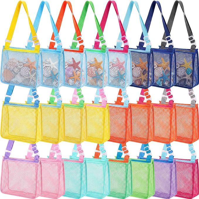 Frienda 24 Pcs Mesh Beach Bag Beach Seashell Bag Shell Collecting Sand Toy Totes Colorful Swimming Accessories Storage Pouch with Adjustable Carrying Straps for Men and Women (Multicolored) by Frienda