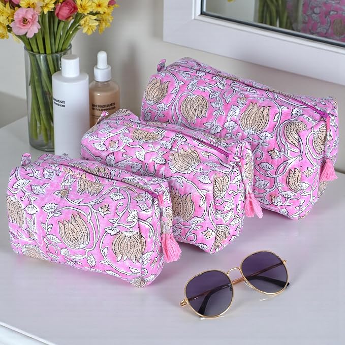 Quilted Floral Block Print Makeup Bag Set of 3 – Cotton Travel Toiletry and Makeup Organizer, Cosmetic Pouch, Toiletry Bag for Women, Cute Boho Coquette Make Up Bags for Women (Small, Medium, Large) - Image 8