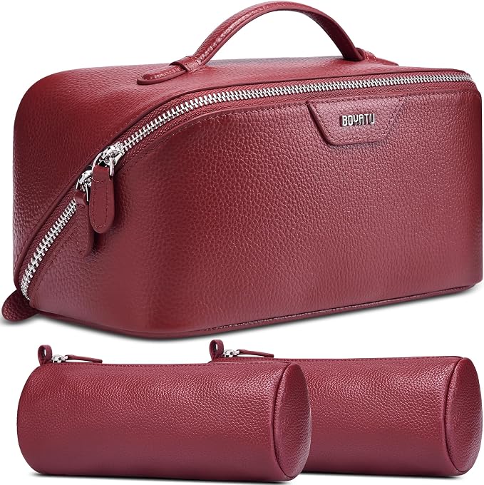 BOYATU Genuine Leather Travel Makeup Bag: Large Capacity 3 Pcs Set Cosmetic Bags for Women - Designer Waterproof Hand-made for Toiletry Organizer - Ladies Travel Essentials for Elegance (06Burgundy) by BOYATU