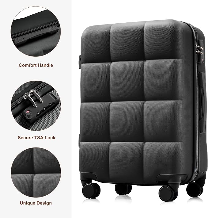 Hardshell Luggage Sets, Lightweight Stripes Suitcases with Spinner Wheels, Black Black - Image 2