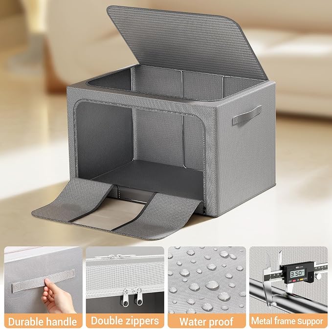 Clothes Storage Bins with Metal Frame, Foldable Clothes Organizers Storage Containers for Clothes, Sheets, Blankets, Pillows and Towels （66L, 3 Pack, Deep Grey - Image 6