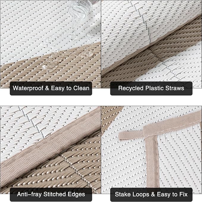 PureCozy Outdoor Waterproof Patio Rug 9x12 Plastic Straw Reversible Lightweight Outside Beige Striped Large Carpet Outdoor for Camping RV Porch Deck Balcony Beach - Image 7