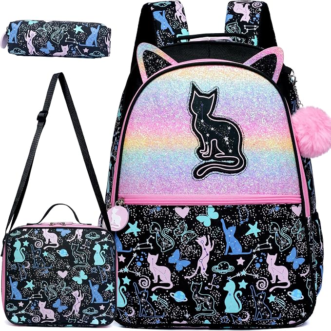 Cute Cat School Backpacks for Girls Backpacks for School Black Bookbag with Lunch Box for Elementary Students Ages 6-8 Years Old by MYHSBYO